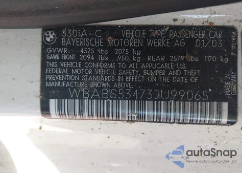 2003 BMW 330Ci z USA, uszkodzony, nr VIN WBABS53473JU99065